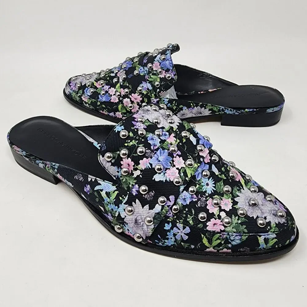 Rebecca Minkoff Milena Mules Women 8 Floral Studded Black Pink Blue Loafer Slide